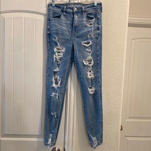 American Eagle Super Hi-Rise Distressed Medium Blue Jeggings, Sz 10